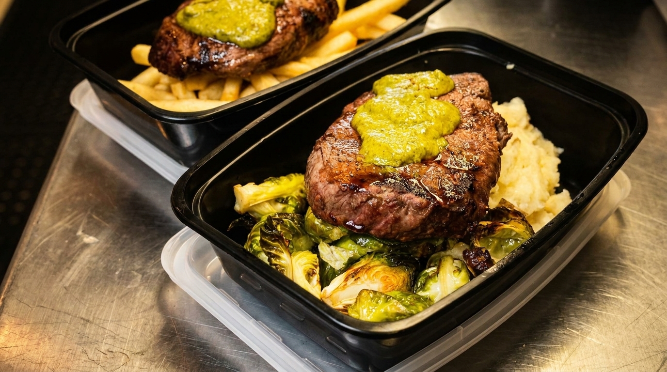 Two meal prep containers with steak, green sauce, mashed potatoes, roasted Brussels sprouts, and fries.