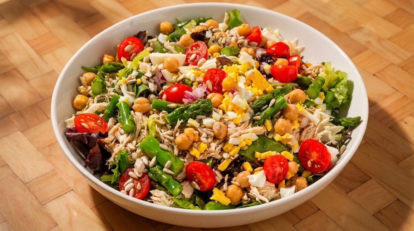 A vibrant salad with chicken, chickpeas, asparagus, tomatoes, and sunflower seeds in a white bowl.