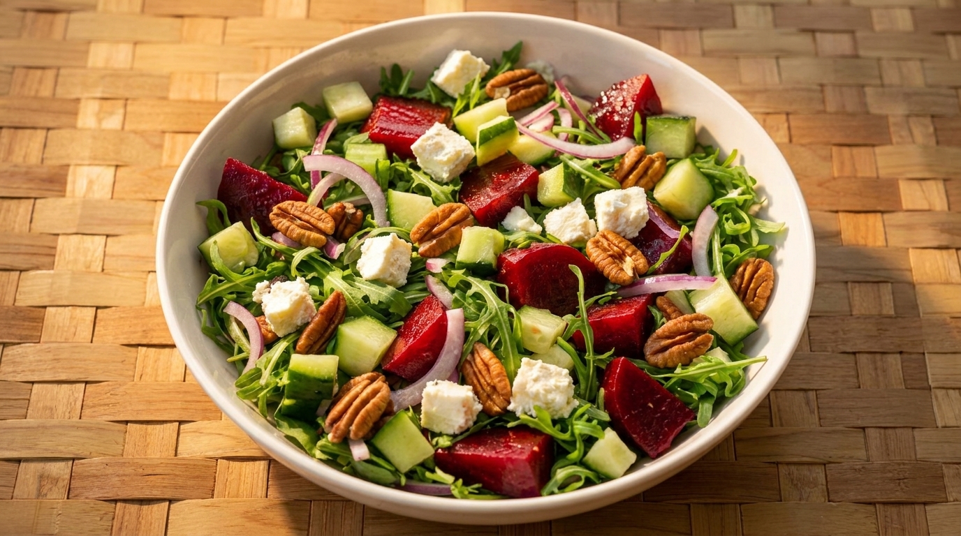 A vibrant salad with arugula, beets, cucumber, feta, red onion, and pecans in a white bowl.