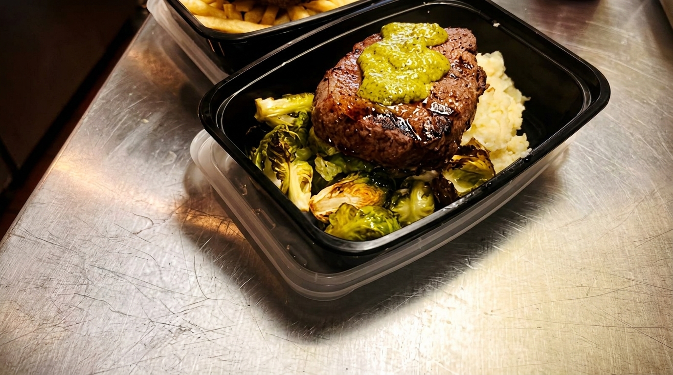 Steak with green sauce, mashed potatoes, and roasted Brussels sprouts in a to-go container.