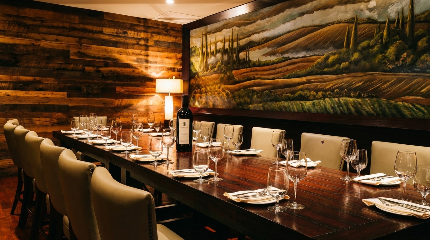 A private dining room with a long wooden table set with wine glasses and place settings, beside a Tuscan landscape mural.