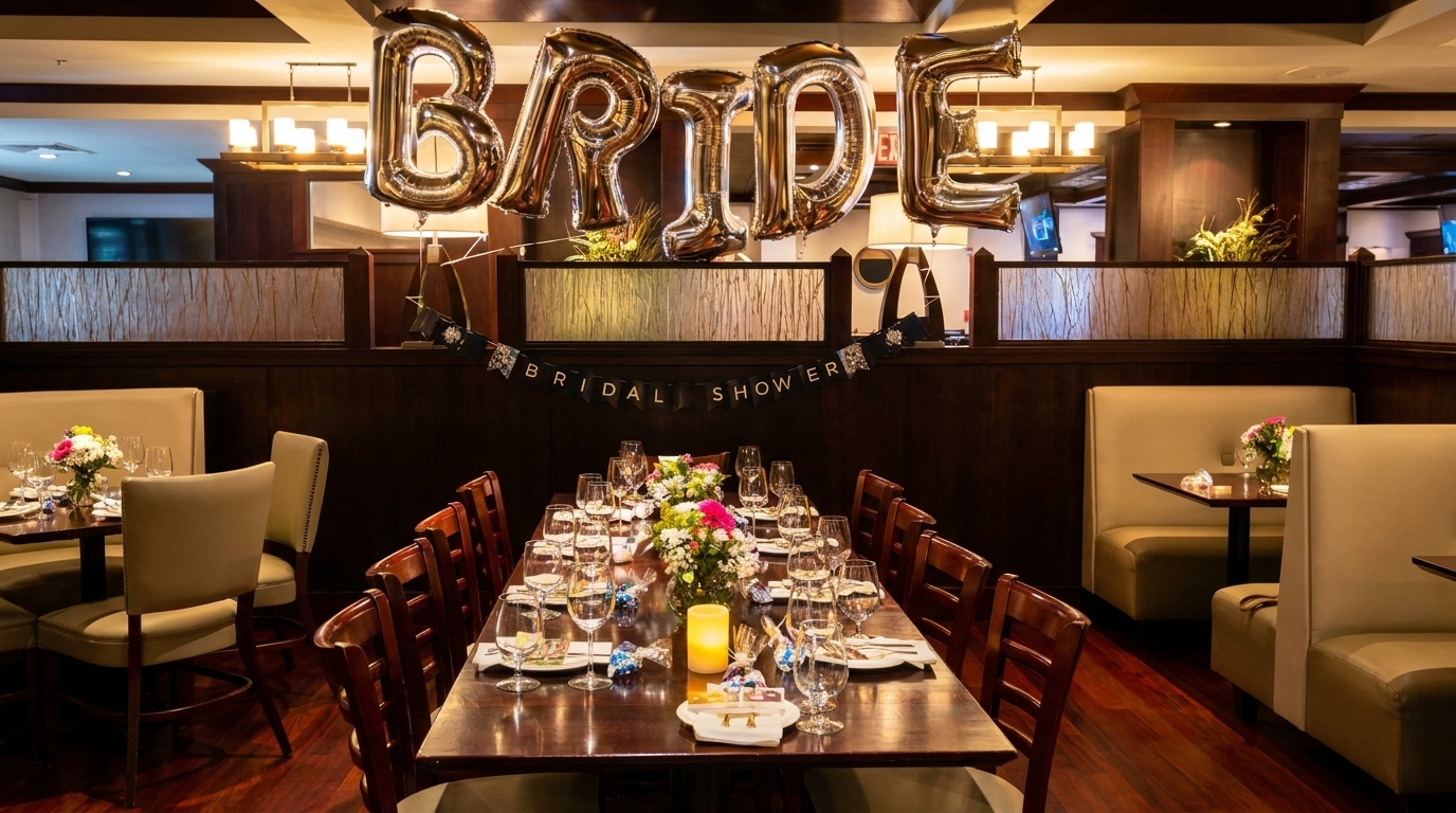 A restaurant dining room set up for a bridal shower with a long table, balloons, and banner.
