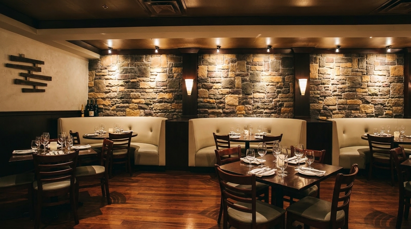 Elegant restaurant dining room with set tables, cream booths, and a stone accent wall.