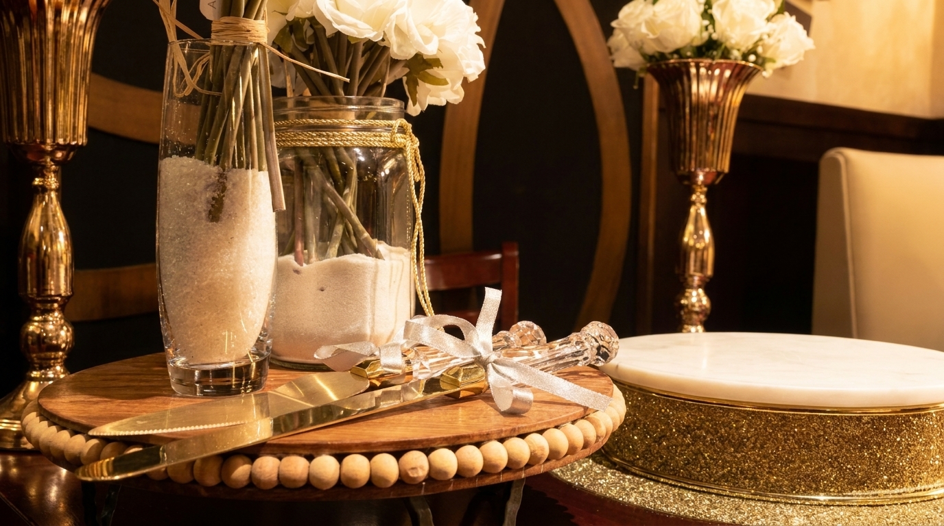 Elegant table setting with white roses, golden utensils, and a glittery cake stand.