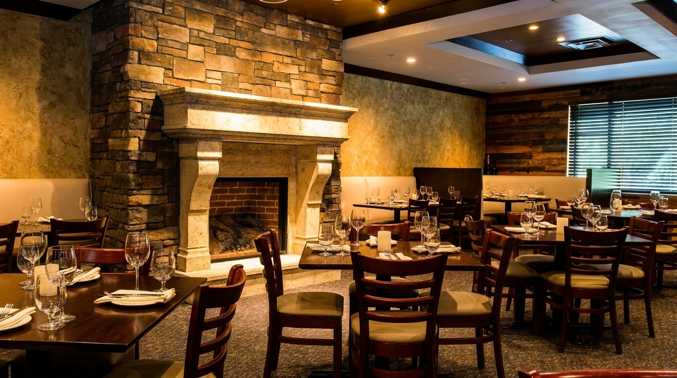 Cozy restaurant interior with set tables, a stone fireplace, and warm lighting.