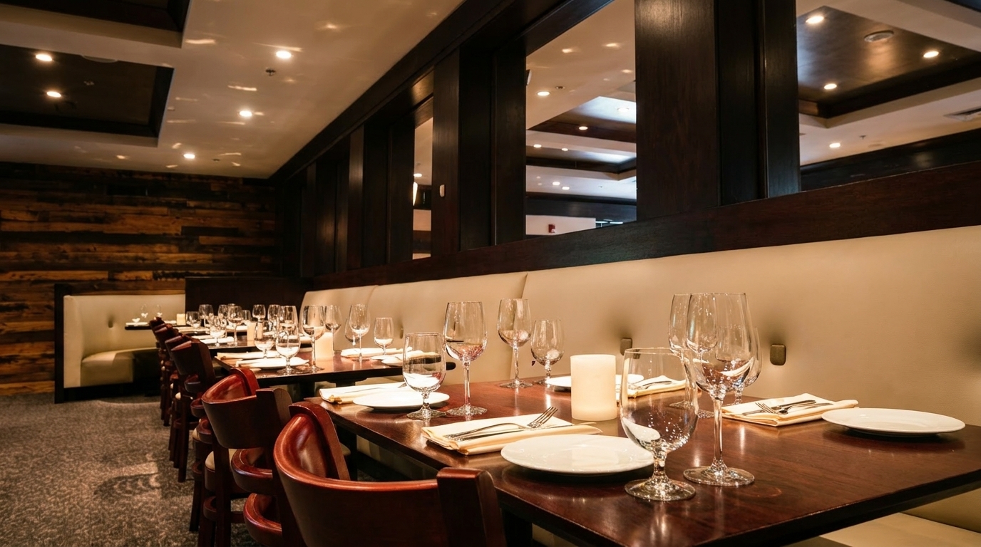 Elegant restaurant dining room with set tables, wine glasses, and dark wood accents.