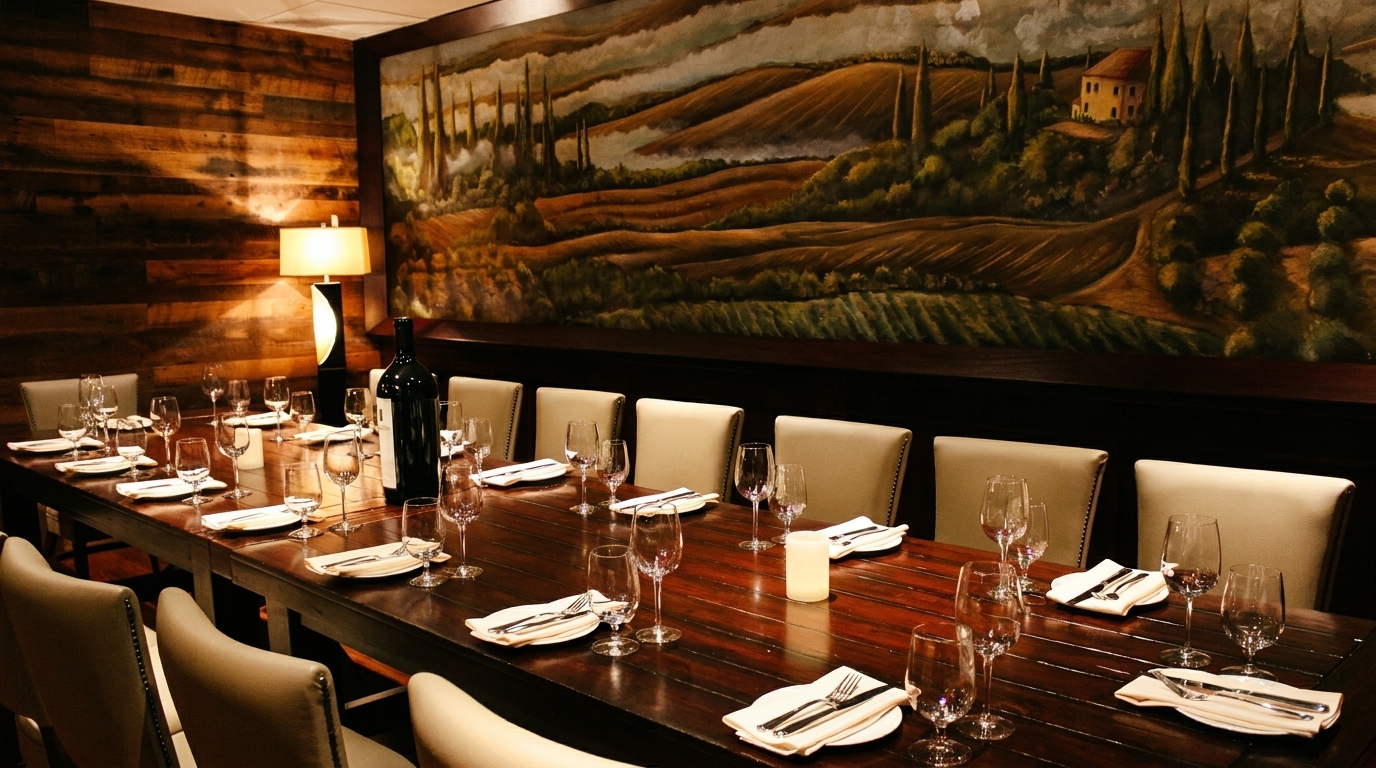 Long dining table set with wine glasses and plates, beneath a Tuscan landscape mural.