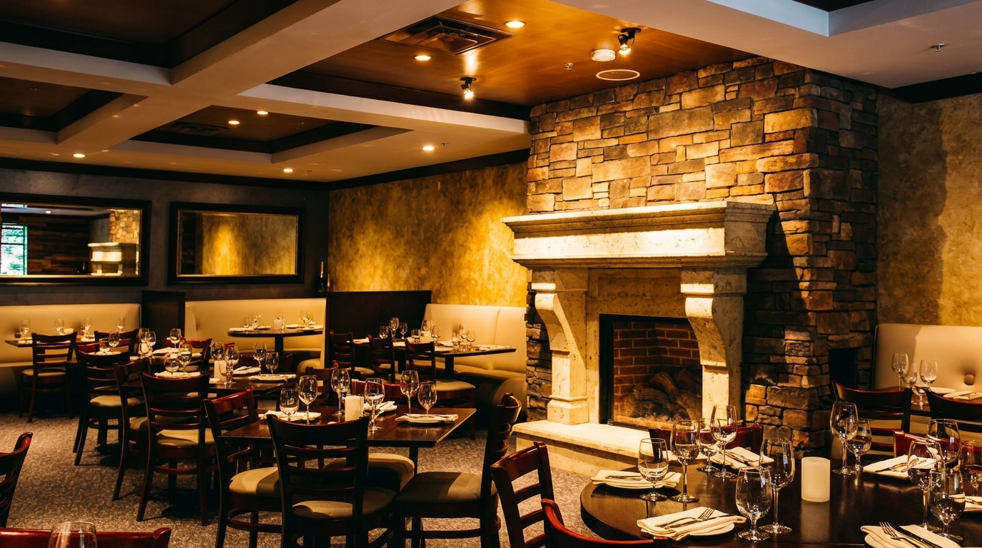 Warmly lit restaurant dining room with set tables, banquettes, and a stone fireplace.