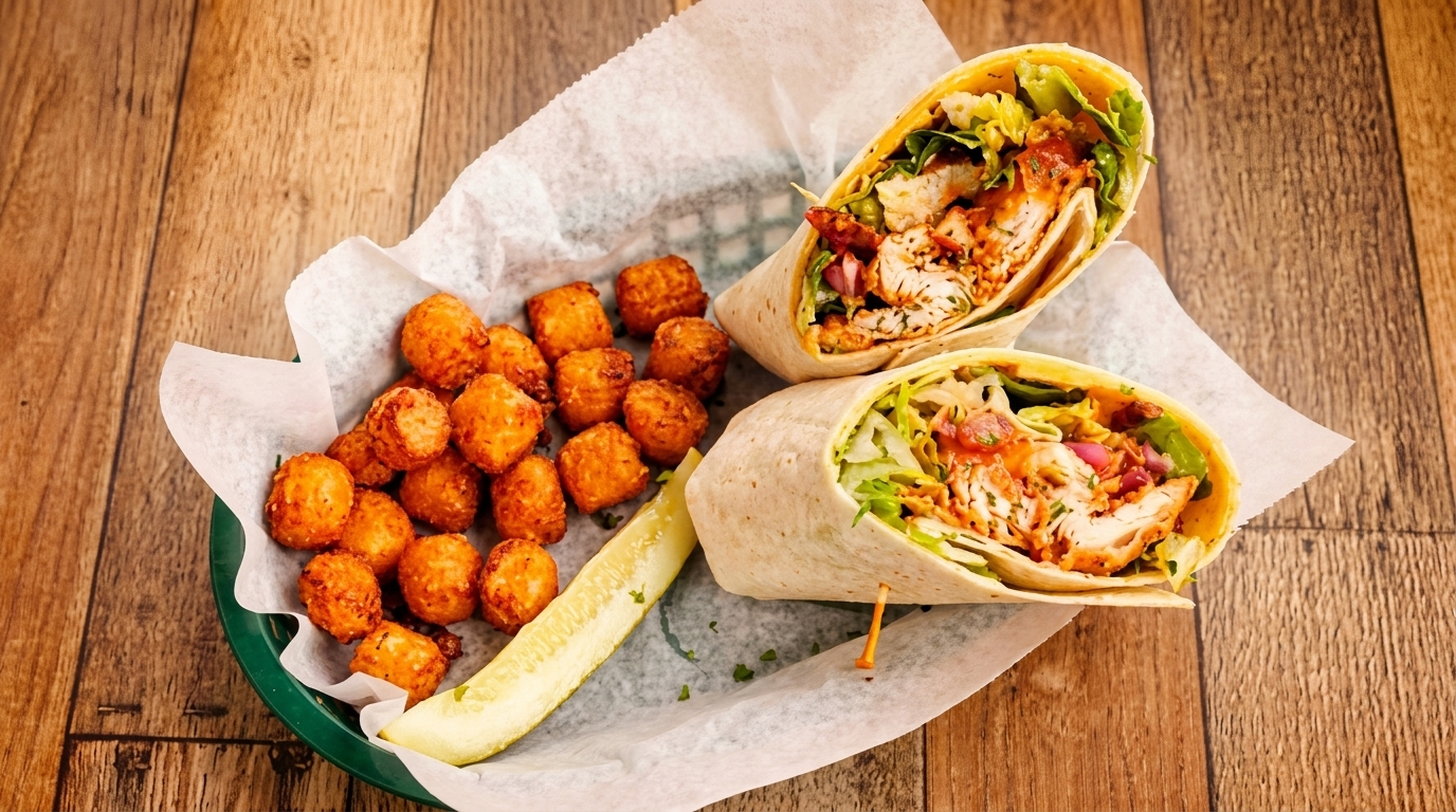 Two chicken wraps with tater tots and a pickle spear in a basket on a wooden table.