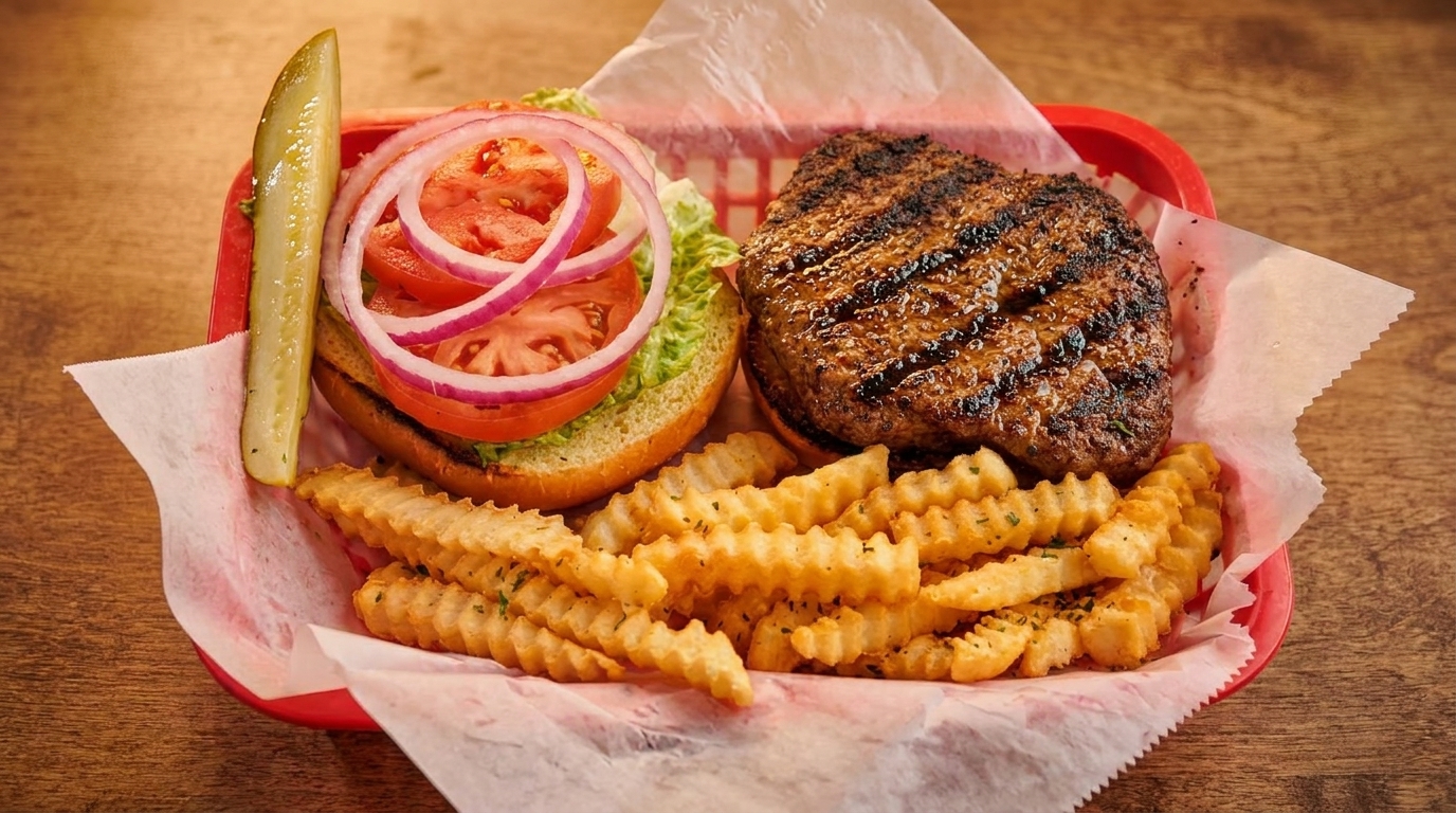 A grilled burger patty, bun with lettuce, tomato, onion, crinkle-cut fries, and a pickle spear in a red basket.