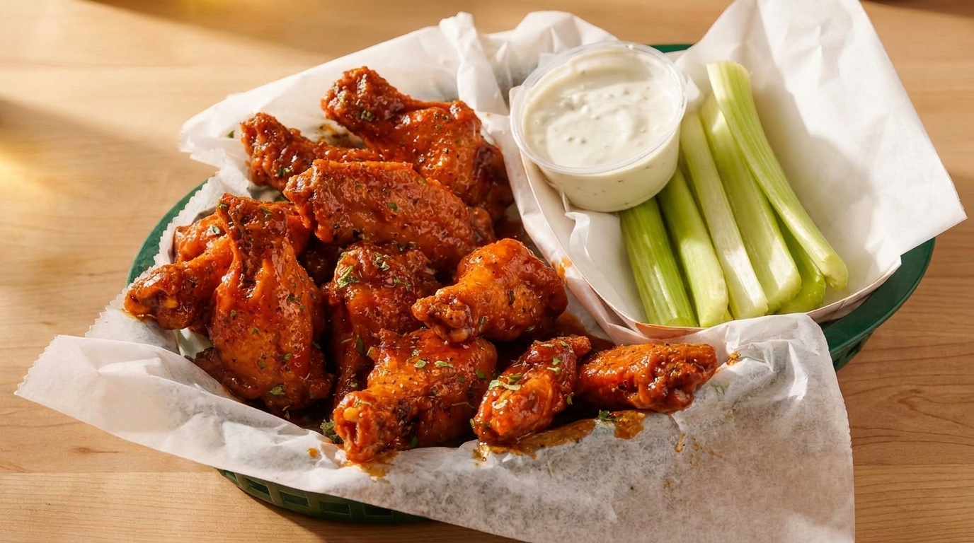 A basket of buffalo wings with ranch dressing and celery sticks on a wooden table.