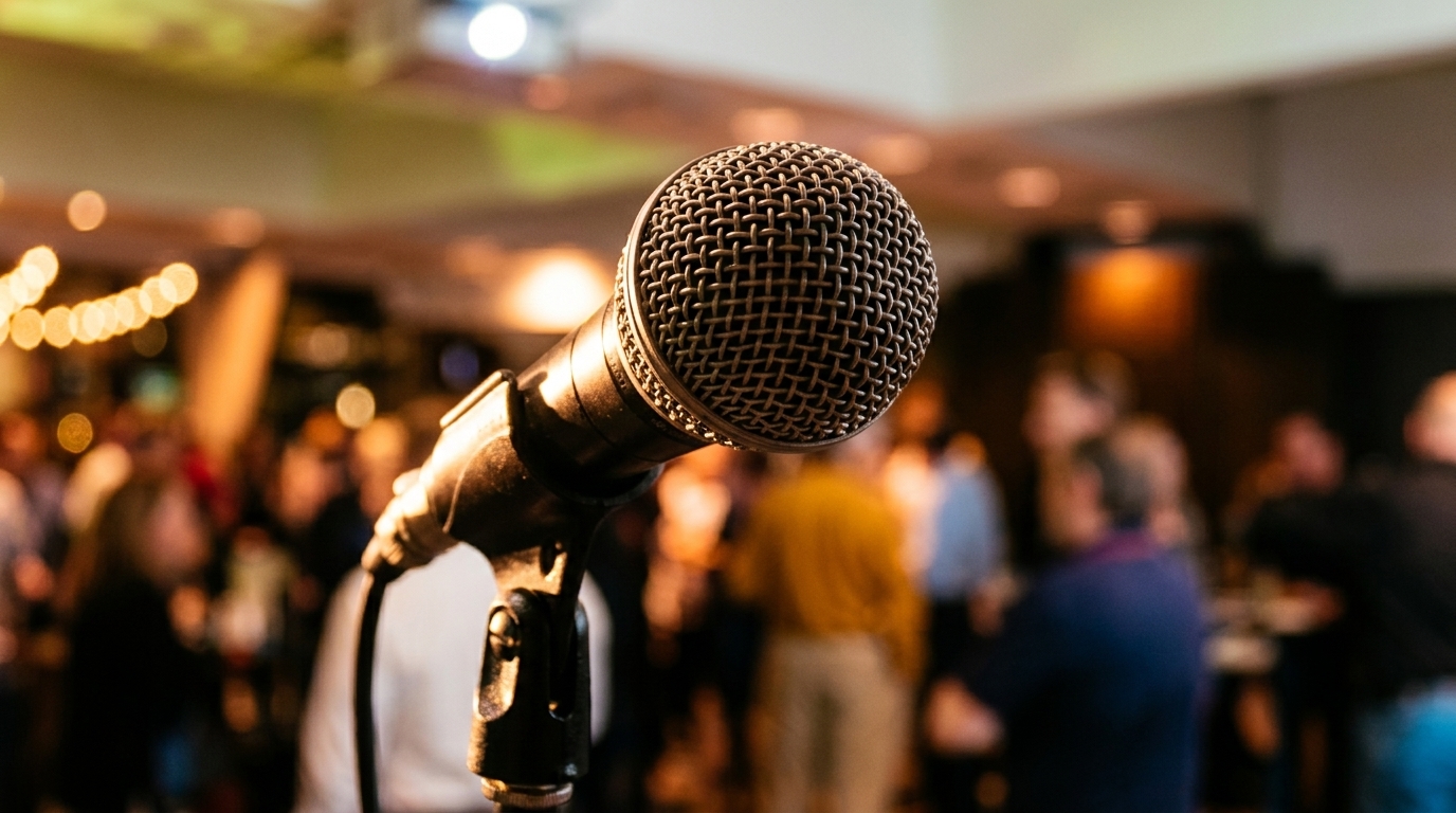 Close-up of a microphone on a stand with a blurred background of people and warm lights.