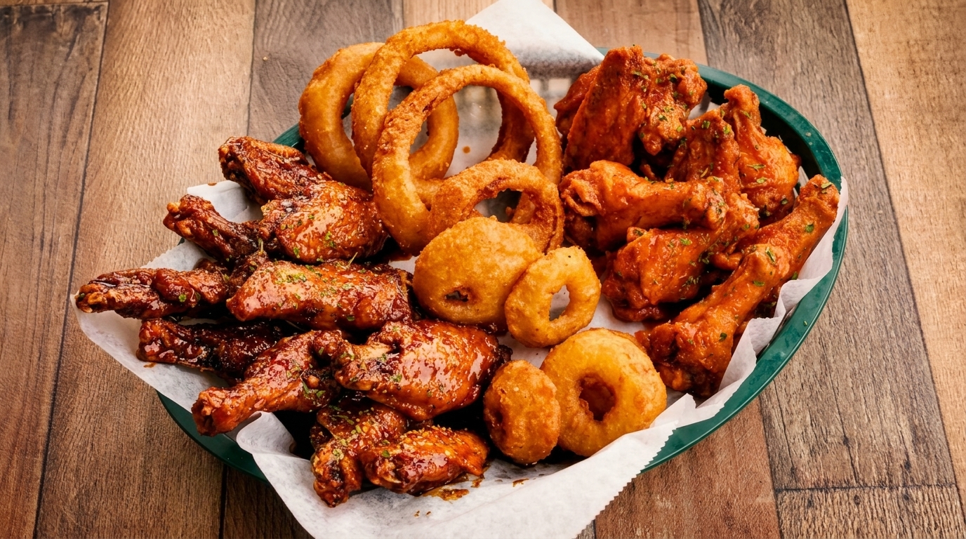 A basket filled with crispy fried chicken wings and golden onion rings on a wooden table.