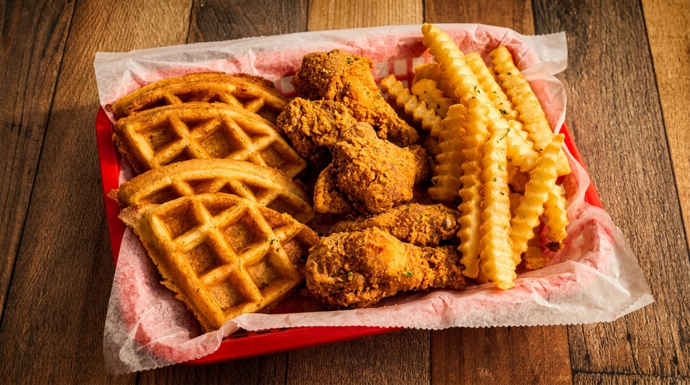 A red basket filled with crispy fried chicken, golden waffles, and crinkle-cut fries on a wooden table.