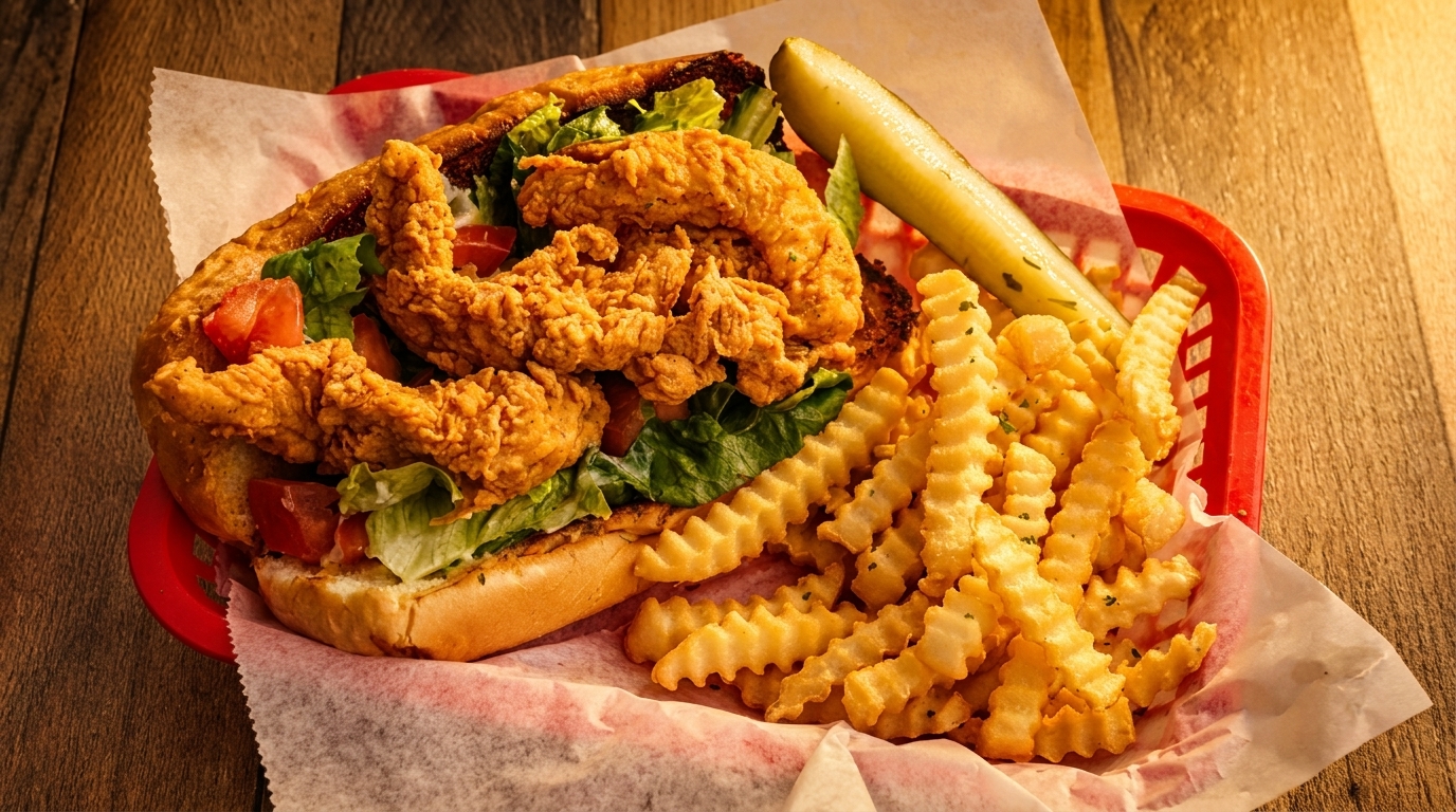 Fried chicken sandwich with lettuce, tomato, crinkle-cut fries, and a pickle spear in a red basket.