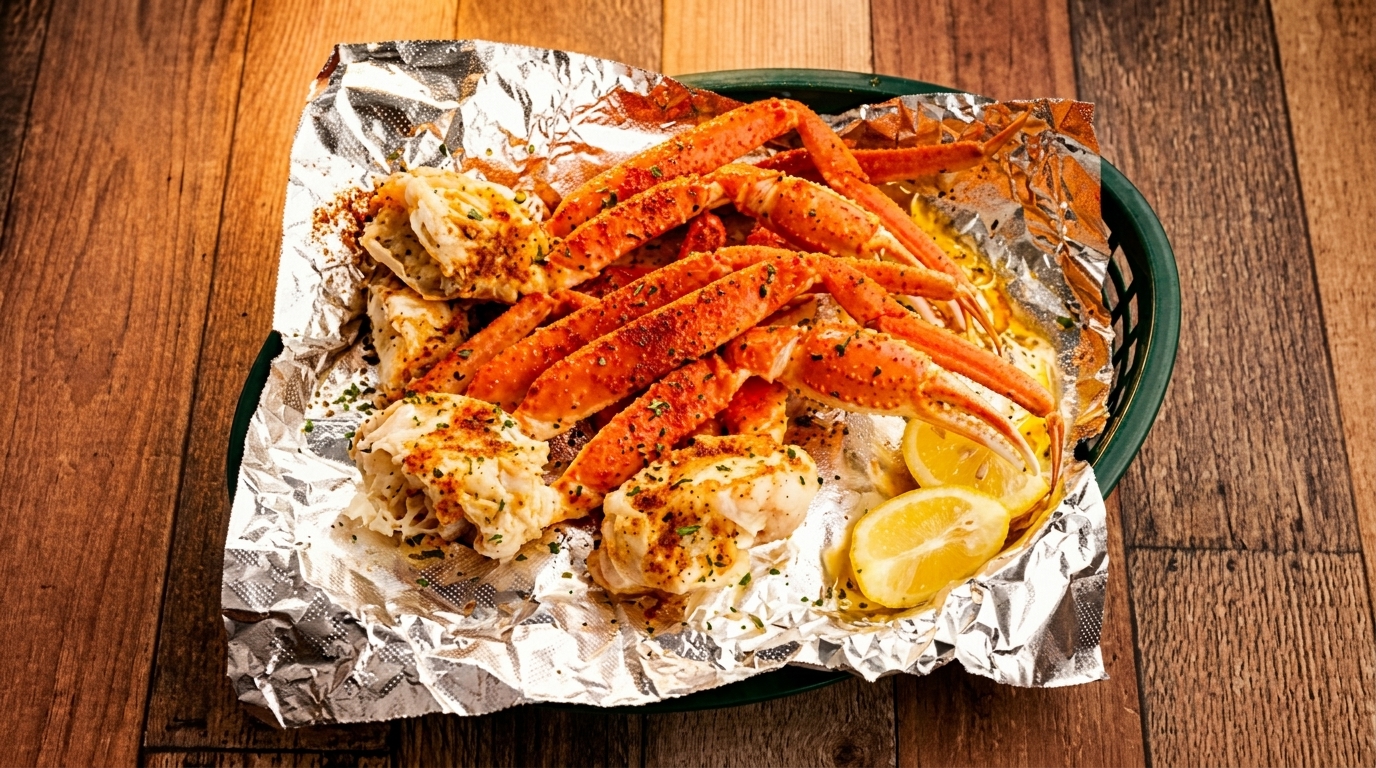 Steamed crab legs and lobster tails with lemon wedges, served in foil on a wooden table.