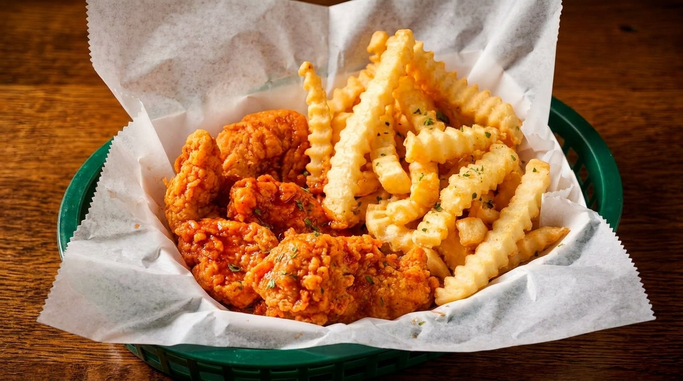 Crispy fried chicken bites and crinkle-cut fries in a green basket lined with white paper.