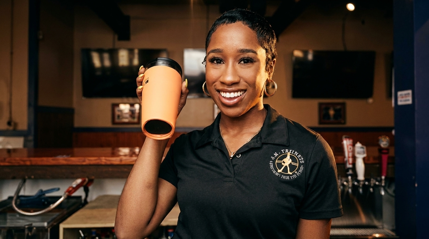 Smiling woman in a black polo shirt holding an orange travel mug in a bar setting.