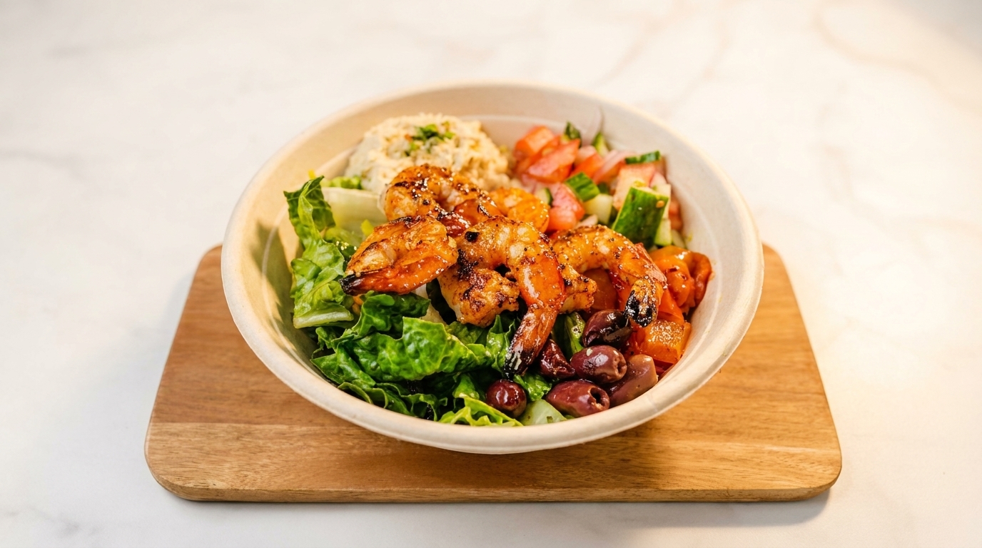 Grilled shrimp salad bowl with lettuce, hummus, tomatoes, cucumbers, and olives on a wooden board.