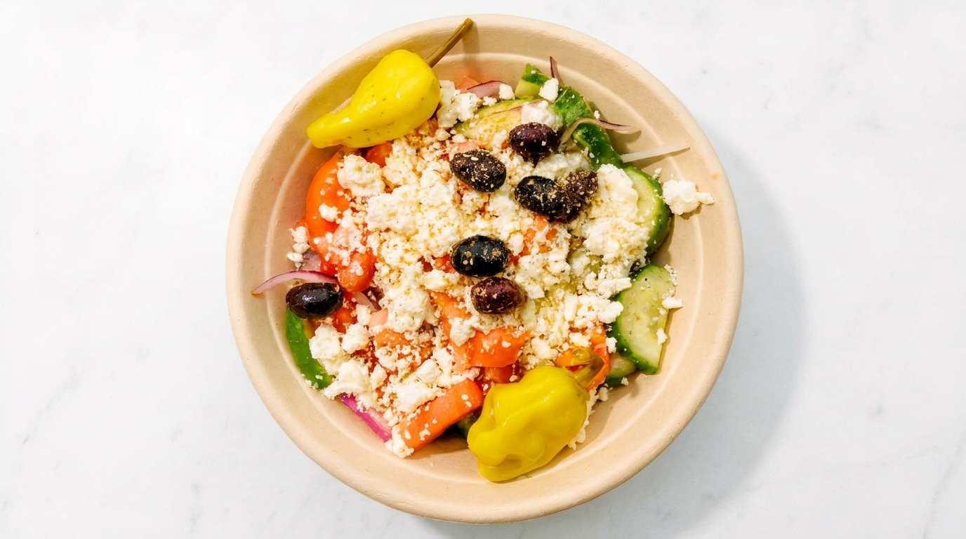 A vibrant Greek salad in a bowl, featuring tomatoes, cucumbers, feta, olives, and pepperoncini.