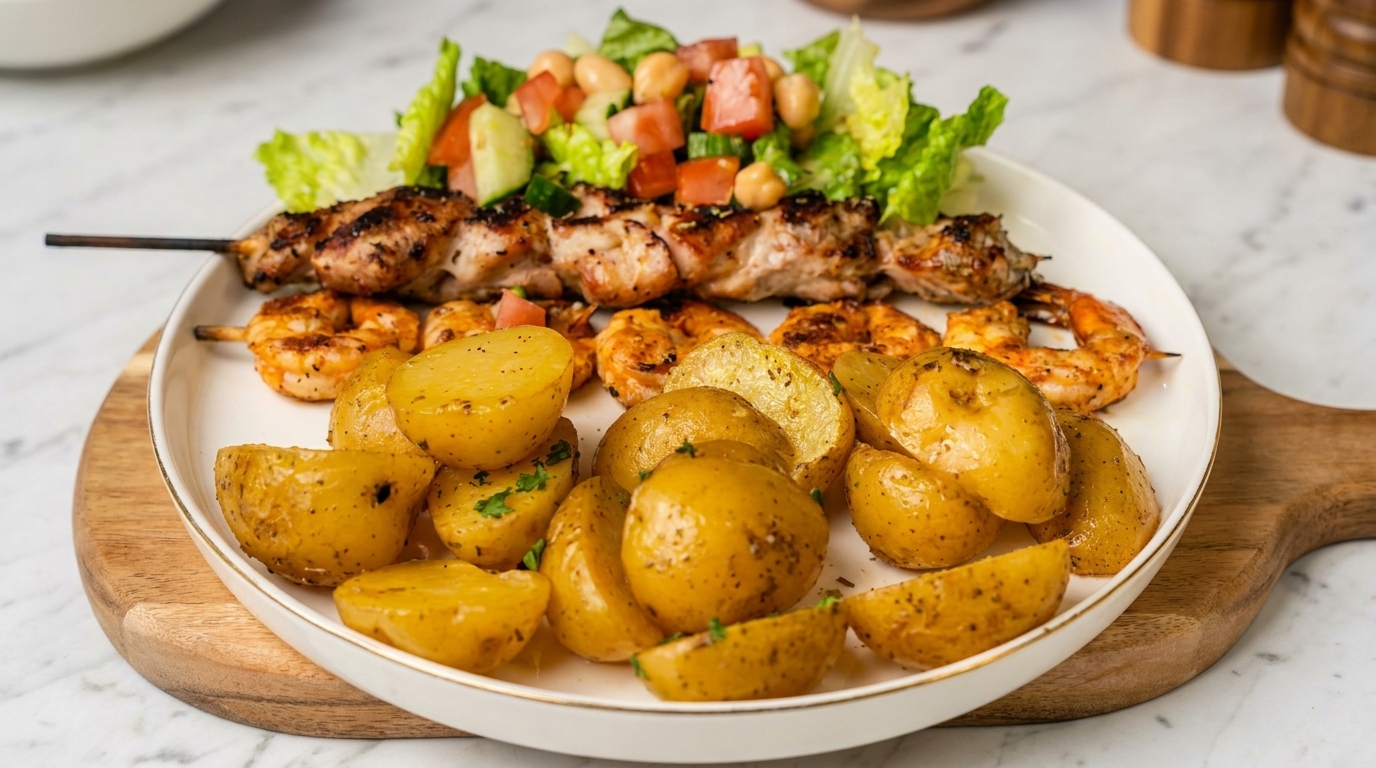 Grilled chicken and shrimp skewers with roasted potatoes and a side salad on a white plate.