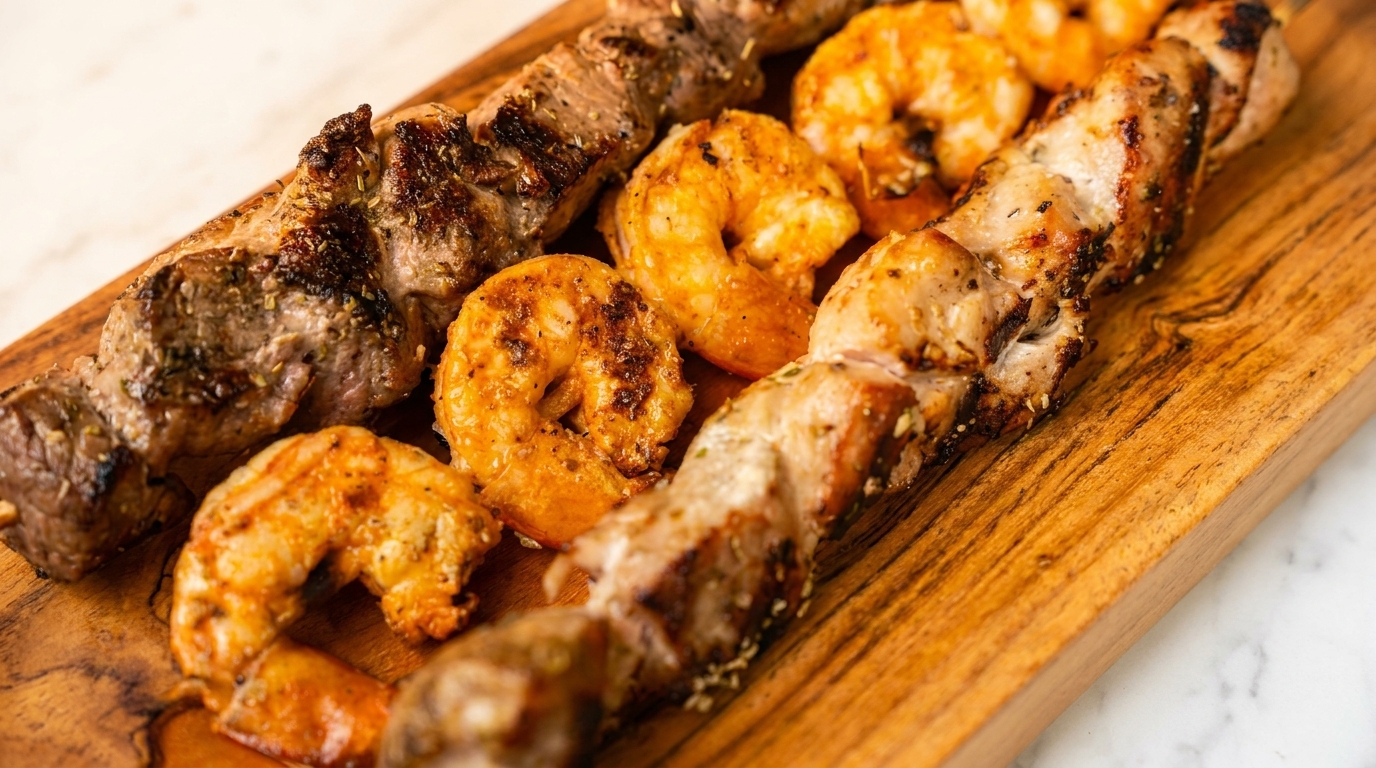 Grilled shrimp and meat skewers on a wooden cutting board.