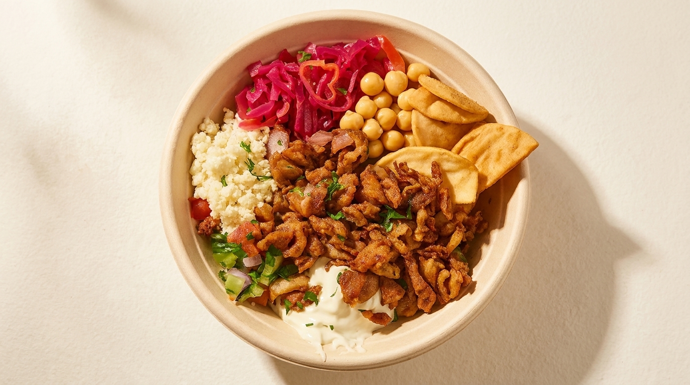 A colorful bowl of food with chicken, couscous, chickpeas, pickled onions, and pita chips.