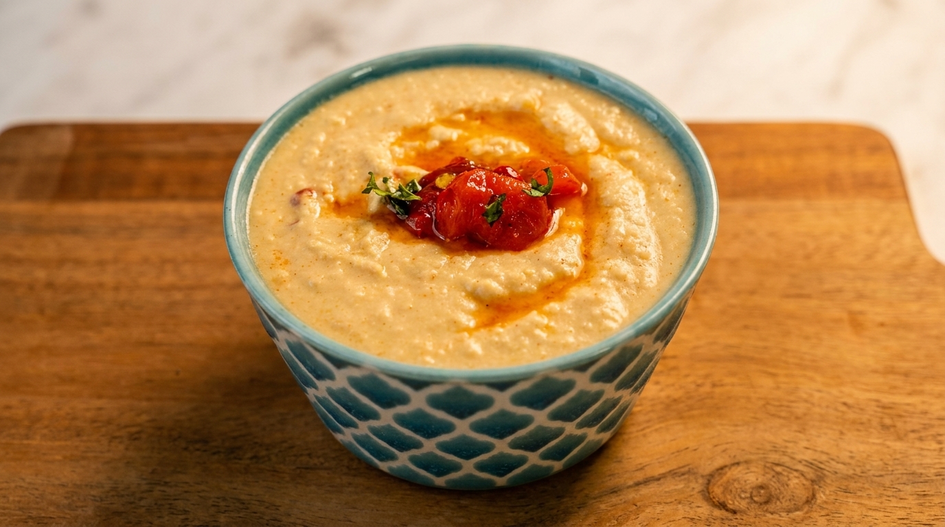 Creamy hummus in a blue patterned bowl, topped with roasted tomatoes, olive oil, and herbs.