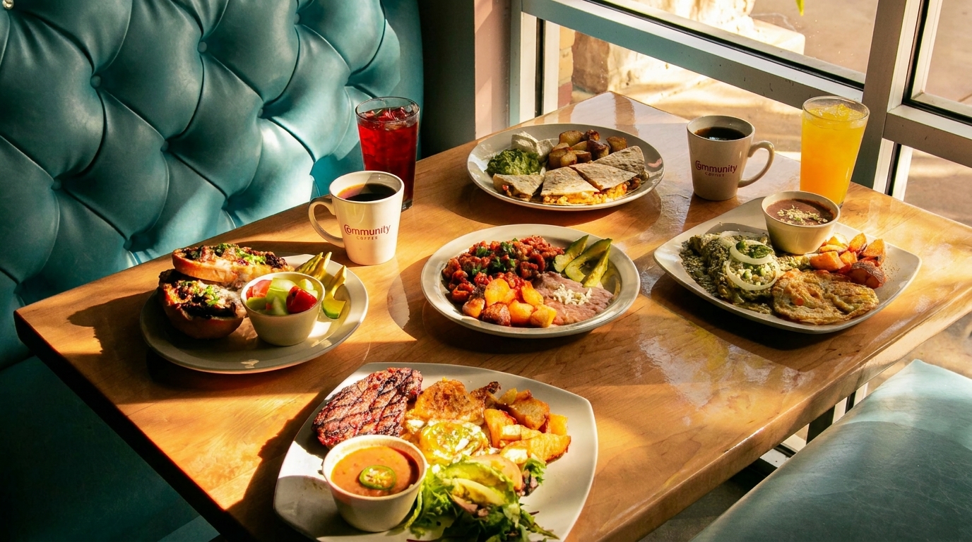 A sunlit table at Community Coffee with multiple plates of breakfast food and drinks.