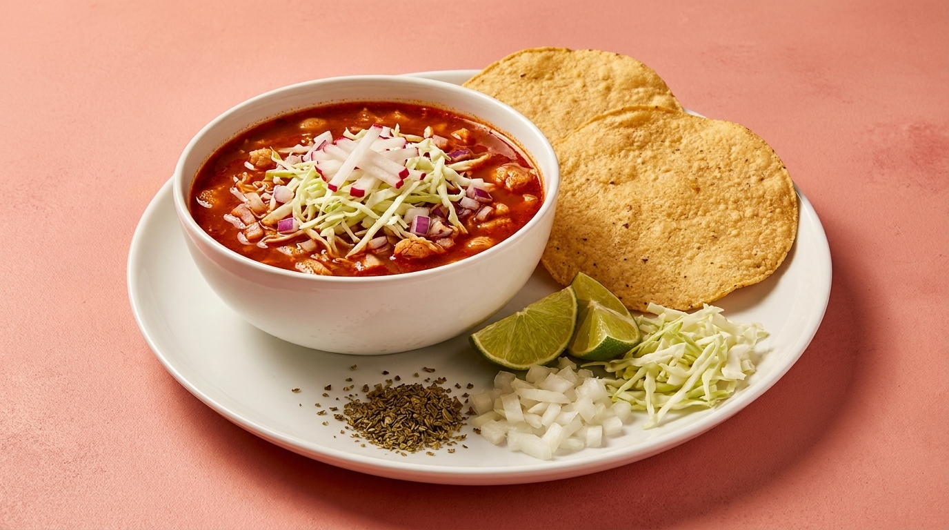 Pozole Rojo with shredded cabbage, radishes, onions, limes, and tostadas on a white plate.