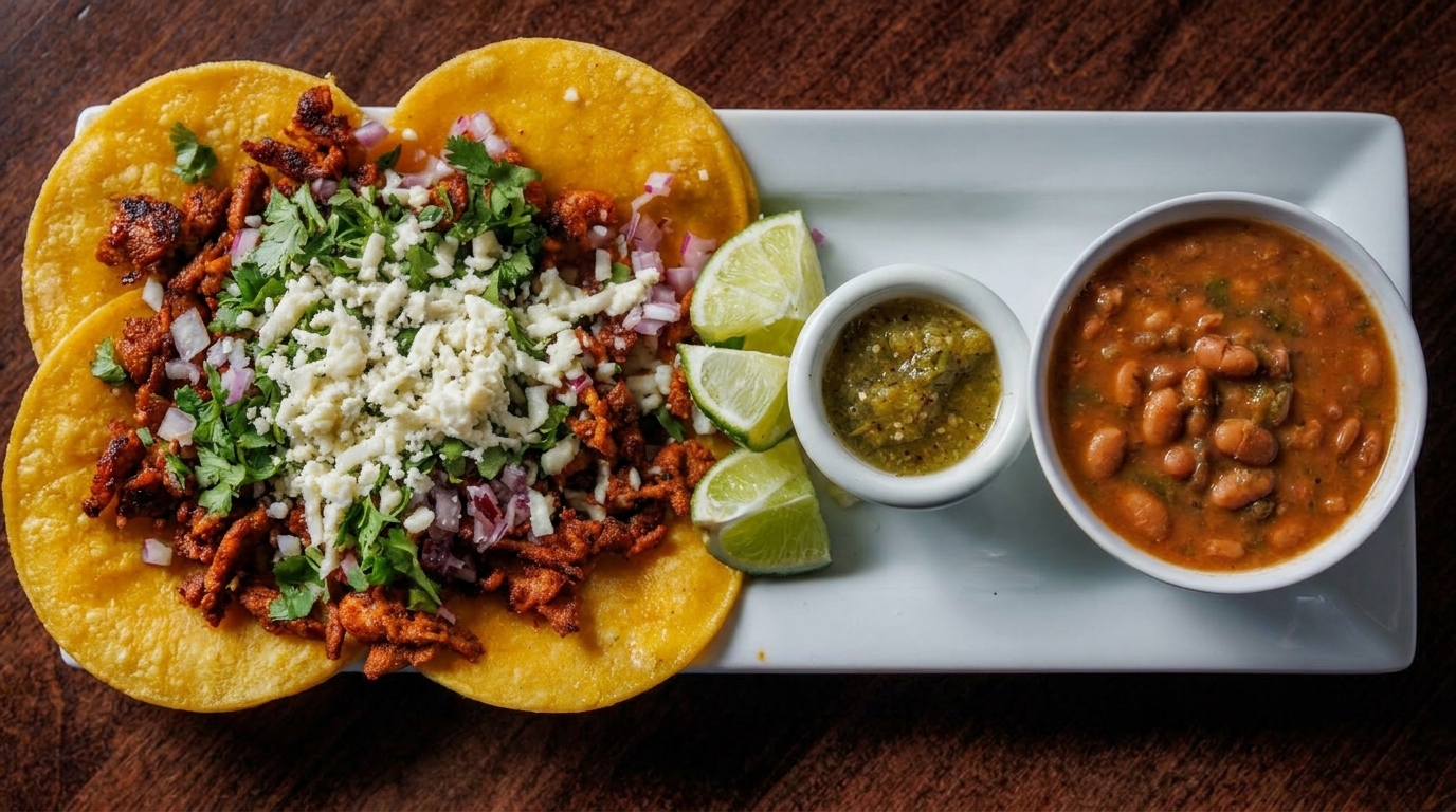 Two tacos with meat, cheese, cilantro, and onions, served with lime, salsa, and a bowl of beans.