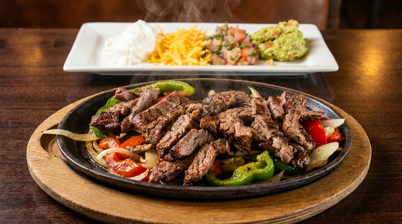 Sizzling steak fajitas with peppers and onions, served with guacamole, pico de gallo, cheese, and sour cream.