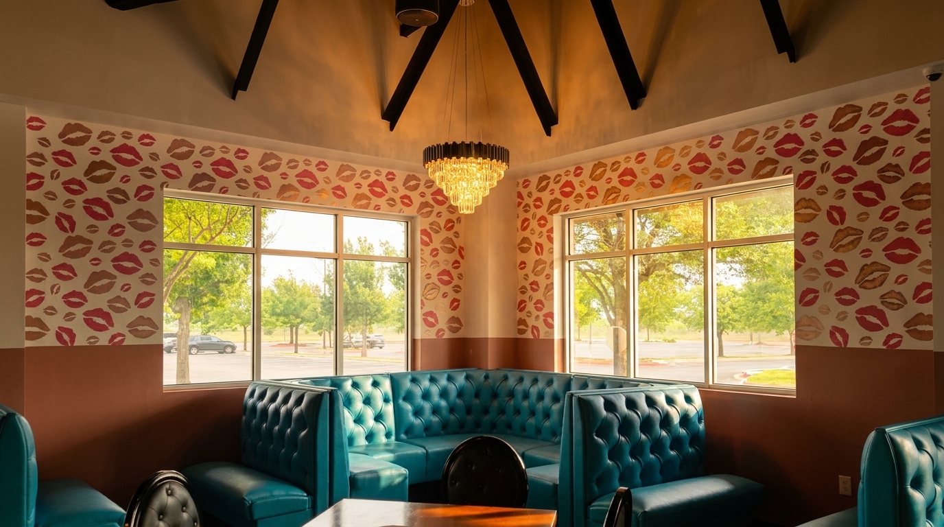 Restaurant interior with teal booths, kiss-patterned wallpaper, and a sparkling chandelier.
