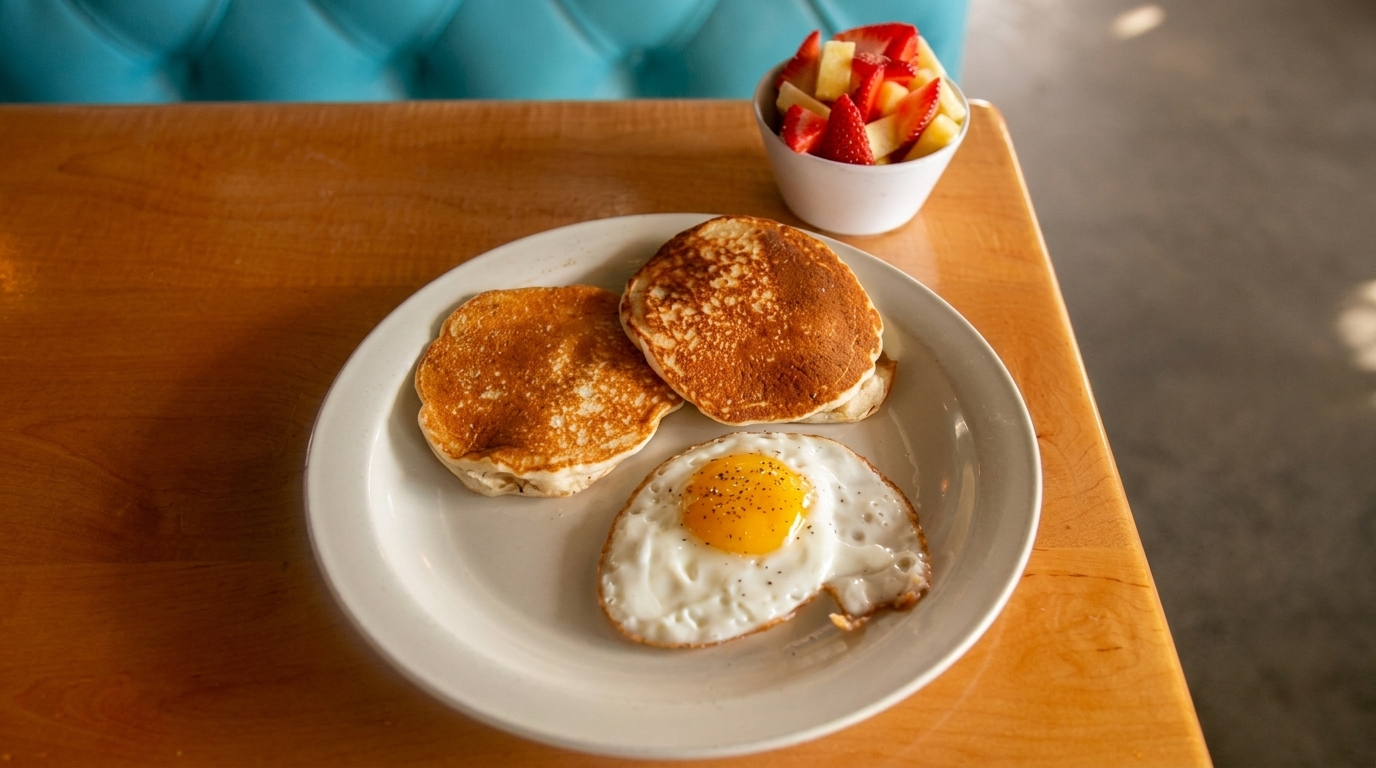 Breakfast plate with two pancakes, a fried egg, and a side of fruit on a wooden table.