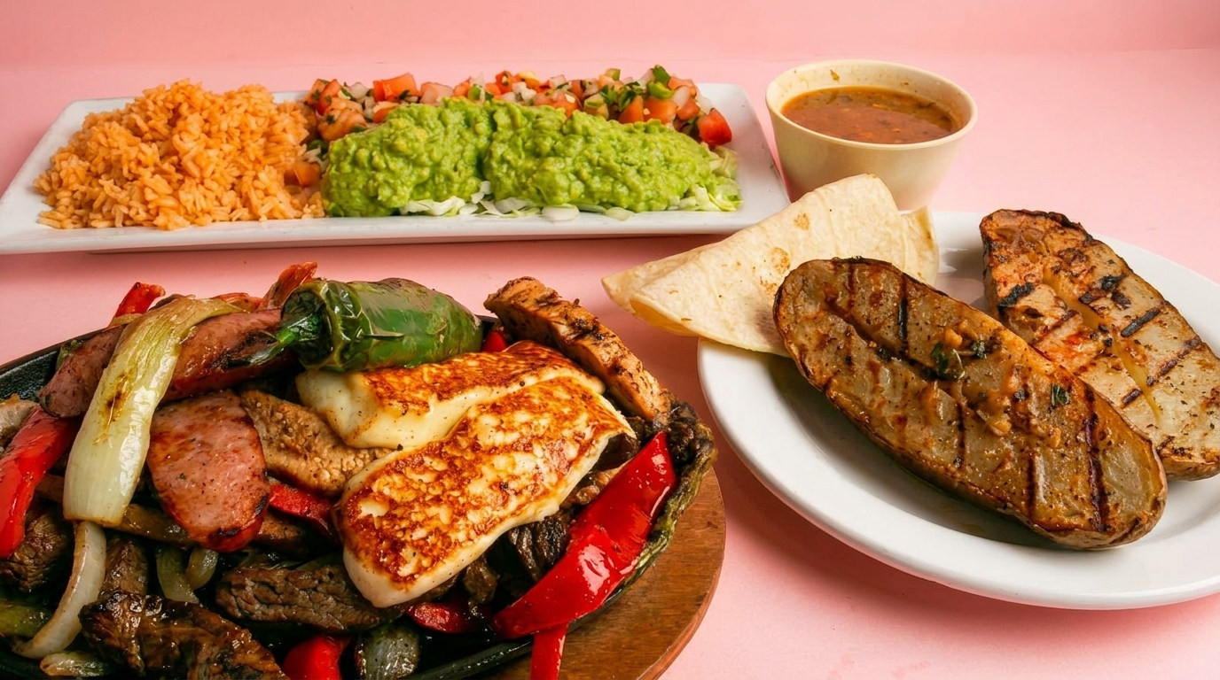 A vibrant Mexican feast with fajitas, rice, guacamole, salsa, grilled potatoes, and tortillas.