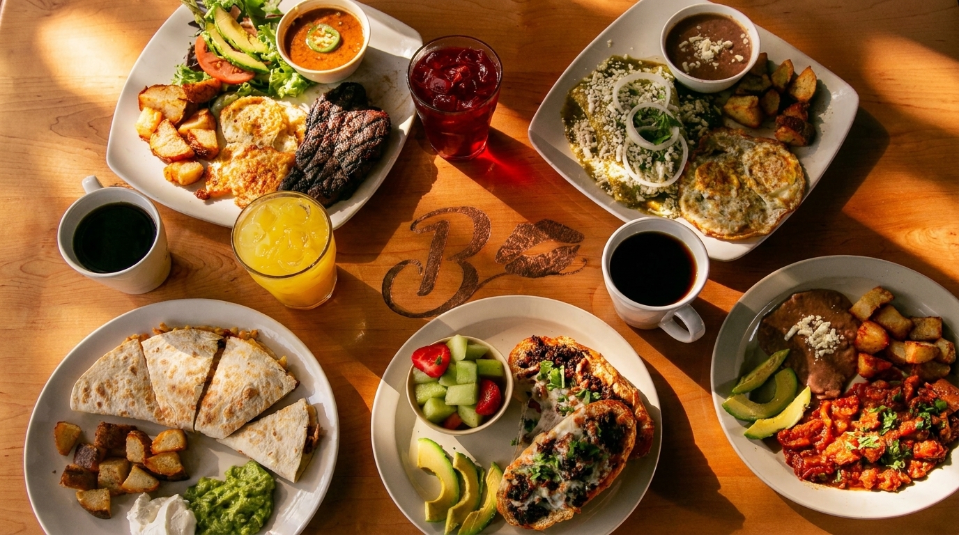 A wooden table filled with various Mexican breakfast dishes, drinks, and coffee, with a "B" and lips logo.