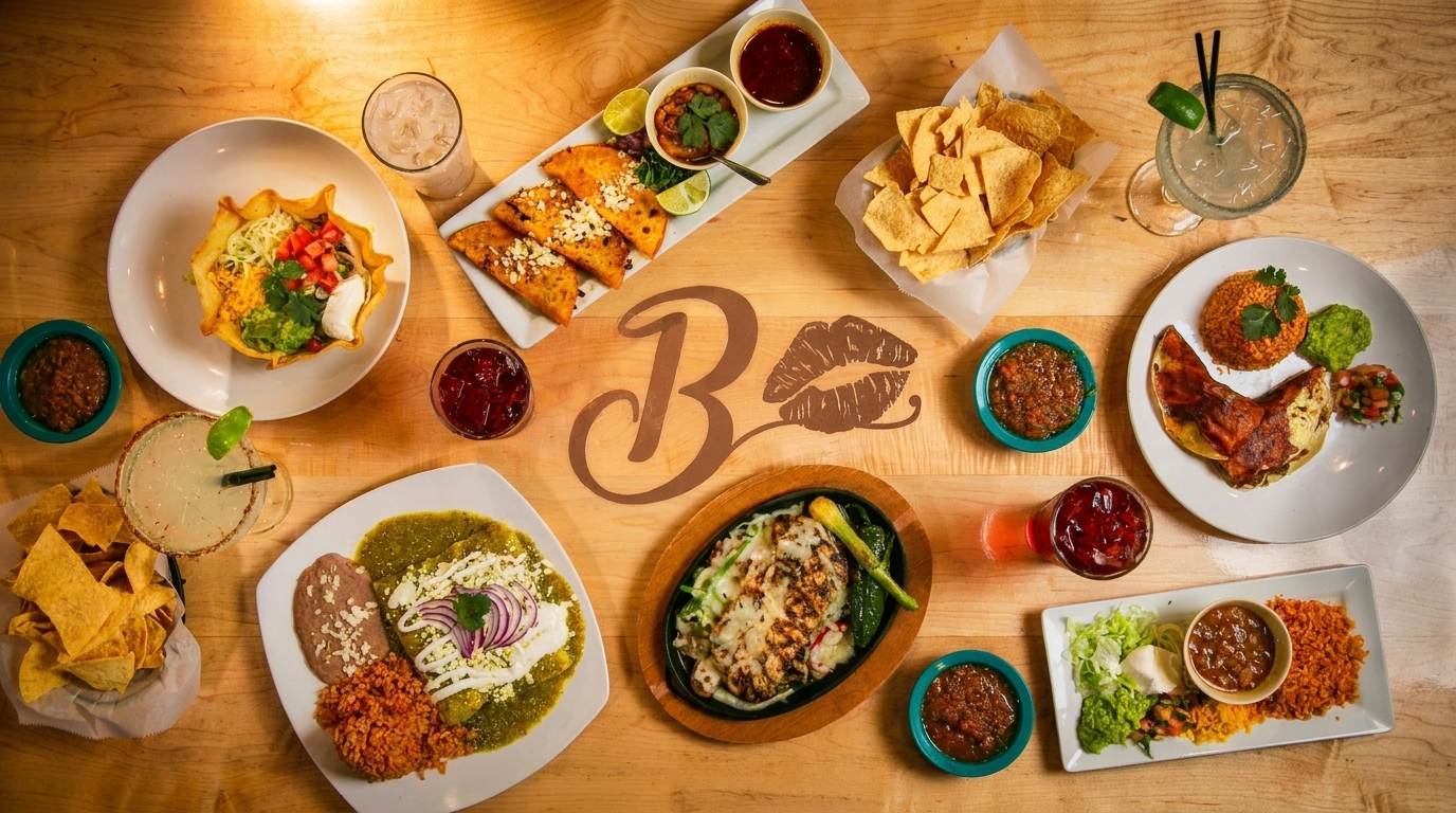 Overhead view of a wooden table laden with various Mexican dishes, drinks, and chips.