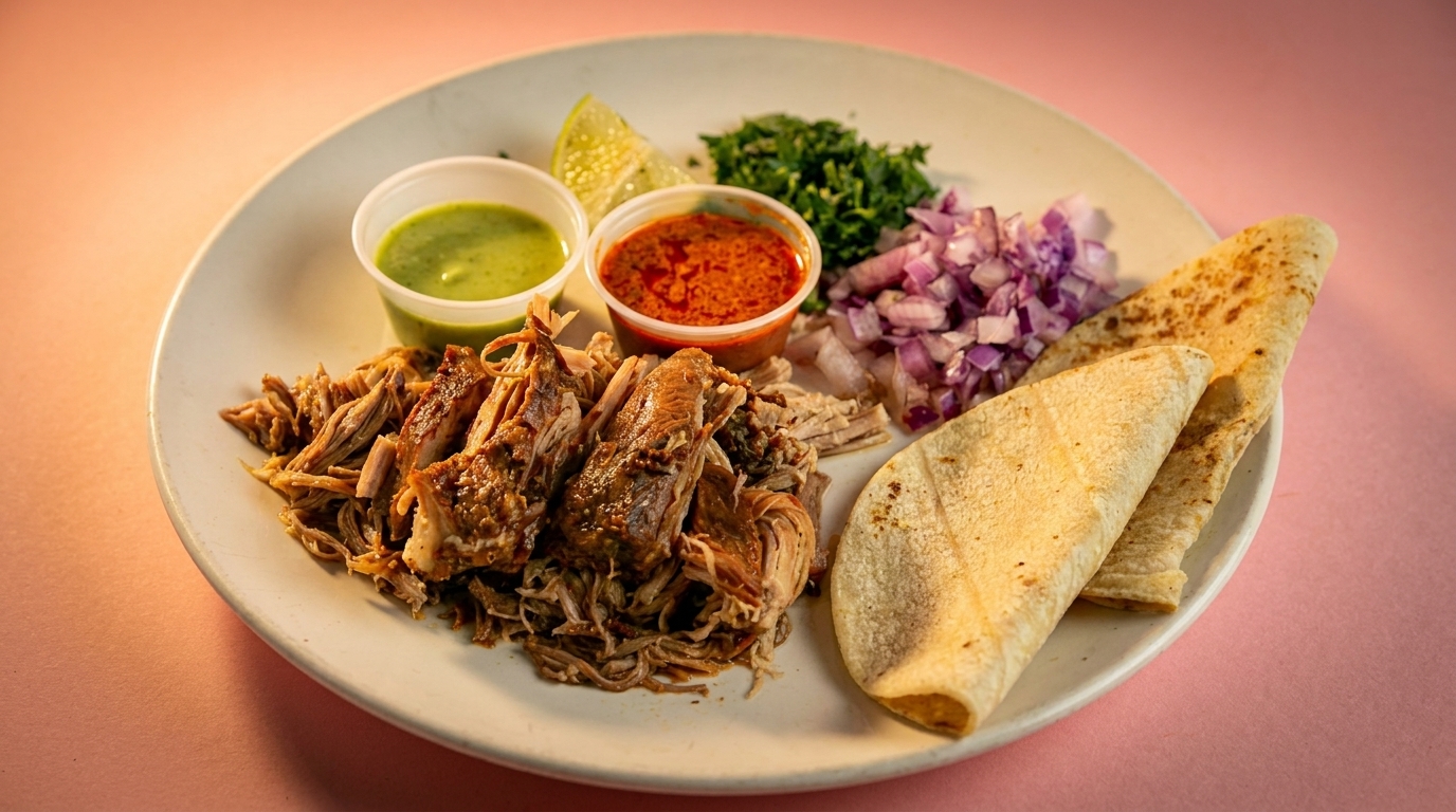 Plate of shredded pork, two sauces, diced red onion, cilantro, lime, and tortillas.