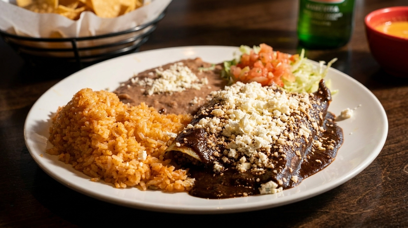A plate of enchiladas with mole sauce, rice, refried beans, and a side salad.