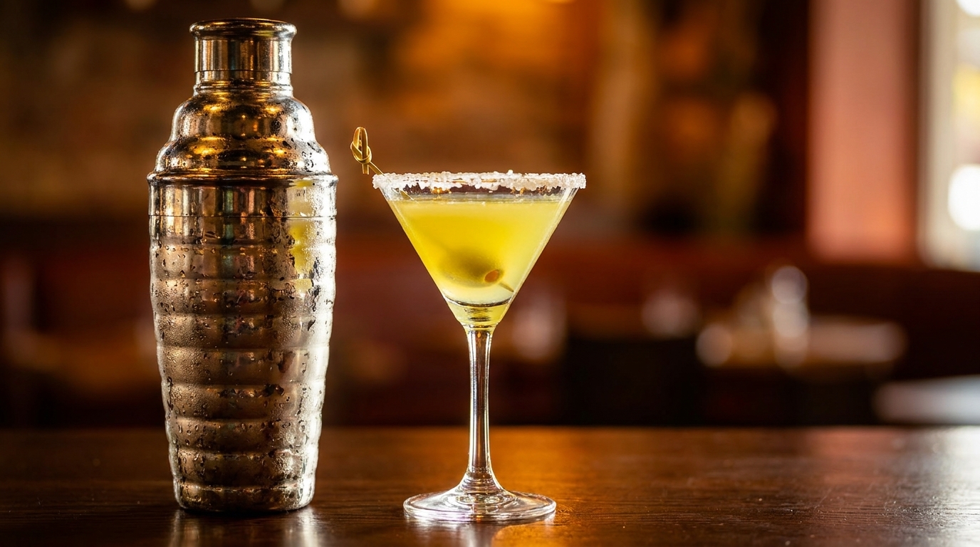 A cocktail shaker and a martini with an olive and sugar rim on a dark wooden bar.