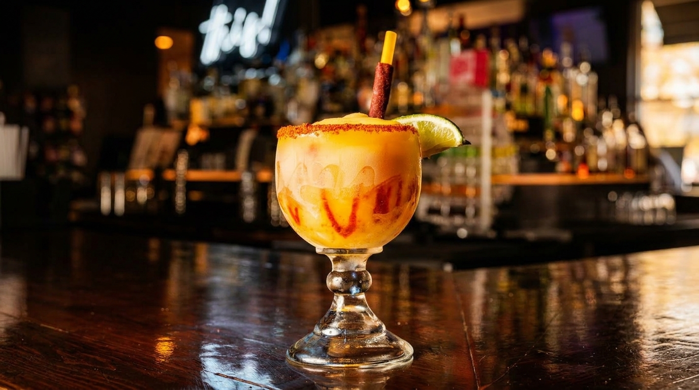 A frozen mango margarita with a chili-lime rim, lime wedge, and tamarind candy straw on a bar.