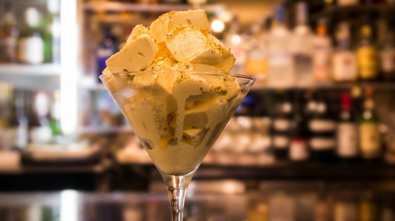 A martini glass filled with light yellow ice cream and topped with chopped nuts, against a blurred bar background.