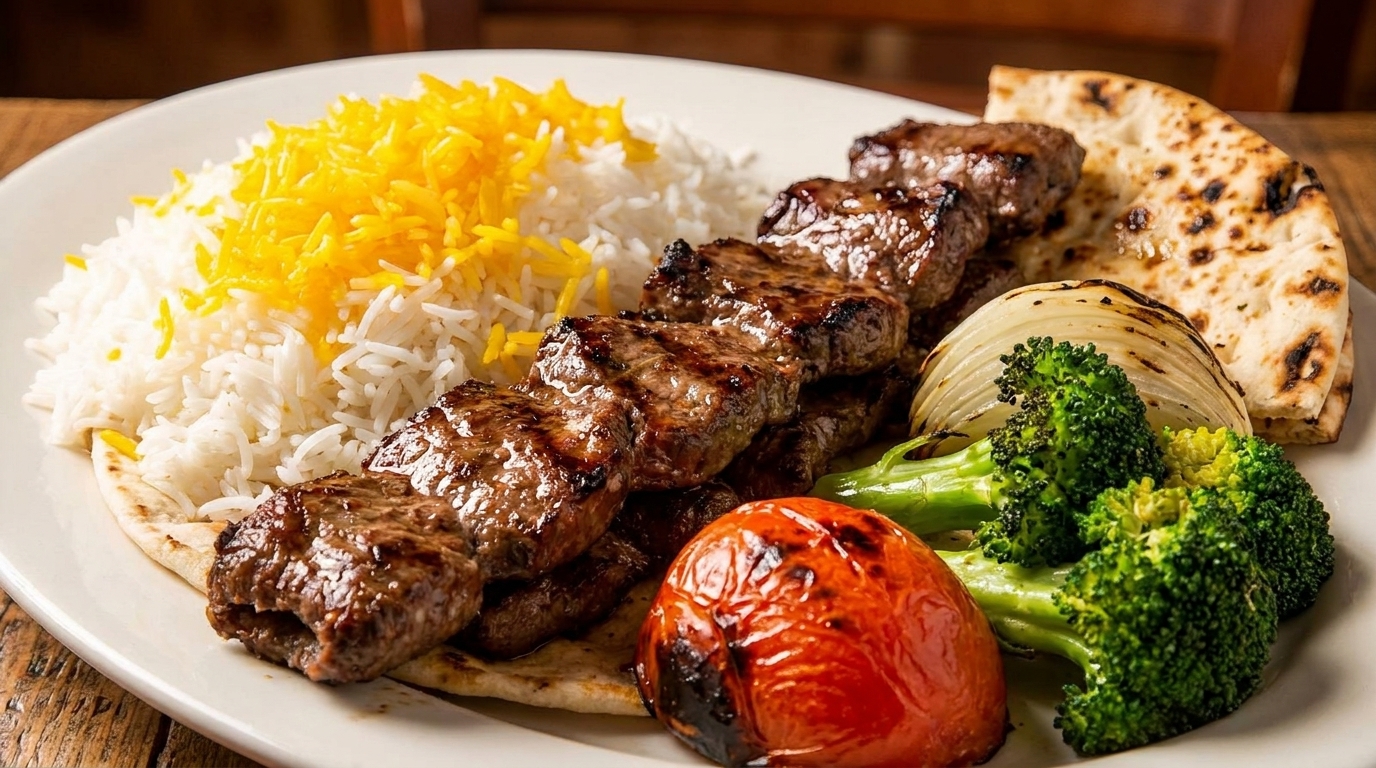 Grilled beef skewers with white rice, saffron, roasted tomato, broccoli, onion, and flatbread.