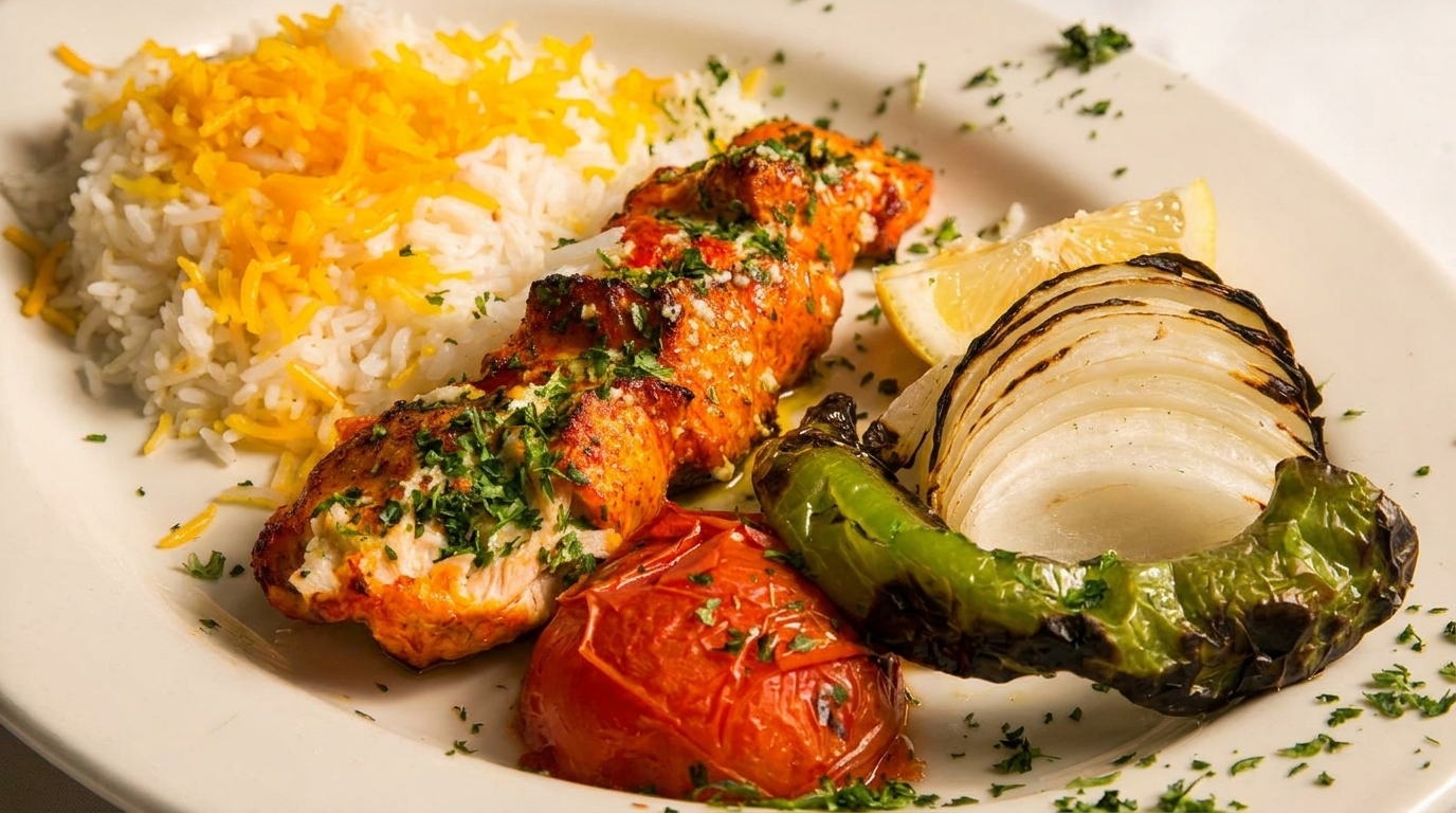 Chicken kabob with white rice, saffron, grilled tomato, onion, pepper, and lemon on a white plate.
