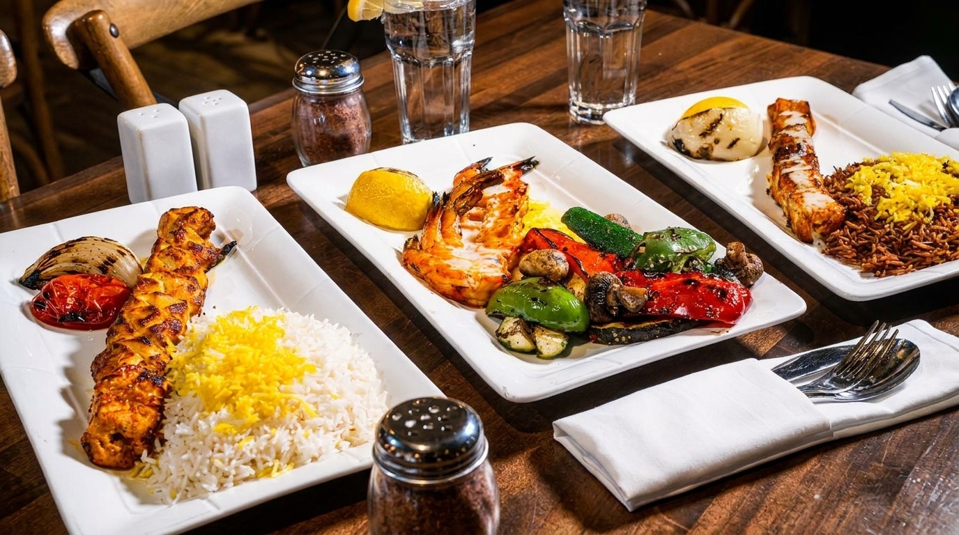 Three plates of grilled seafood and chicken kebabs with rice and vegetables on a wooden table.