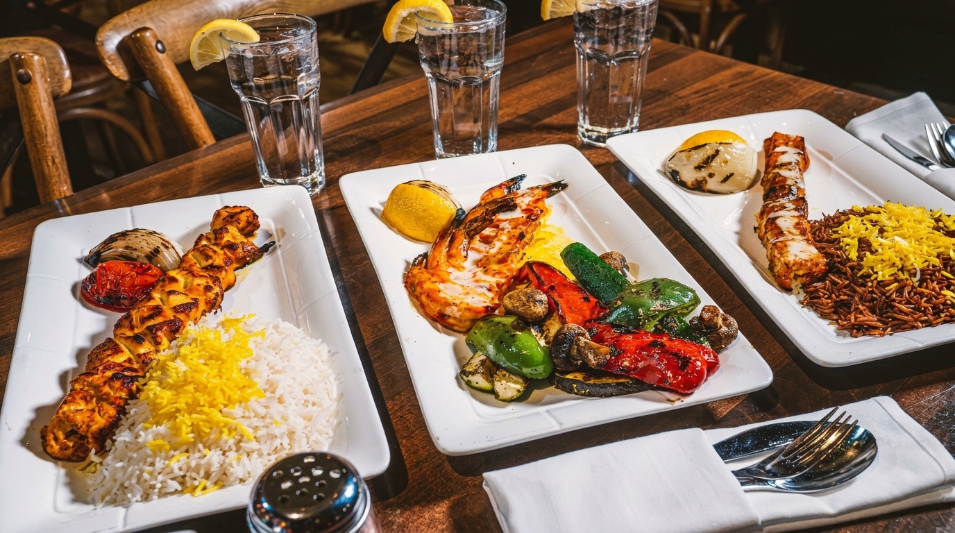 Three plates of grilled kebabs, shrimp, and vegetables with rice and water glasses on a wooden table.