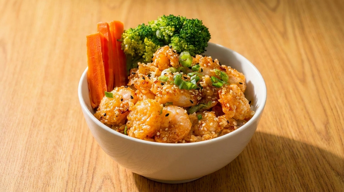 A white bowl filled with sesame shrimp, rice, broccoli florets, and carrot sticks on a wooden table.