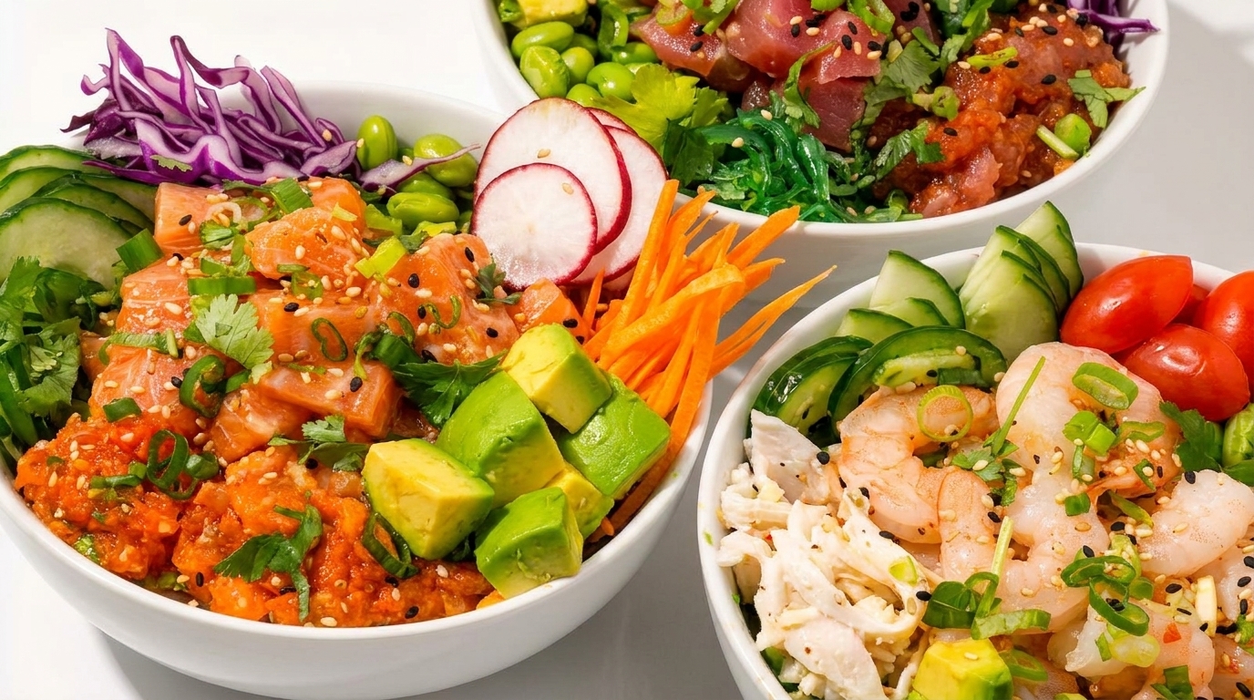 Three vibrant poke bowls with salmon, tuna, shrimp, and various fresh toppings like avocado and radish.