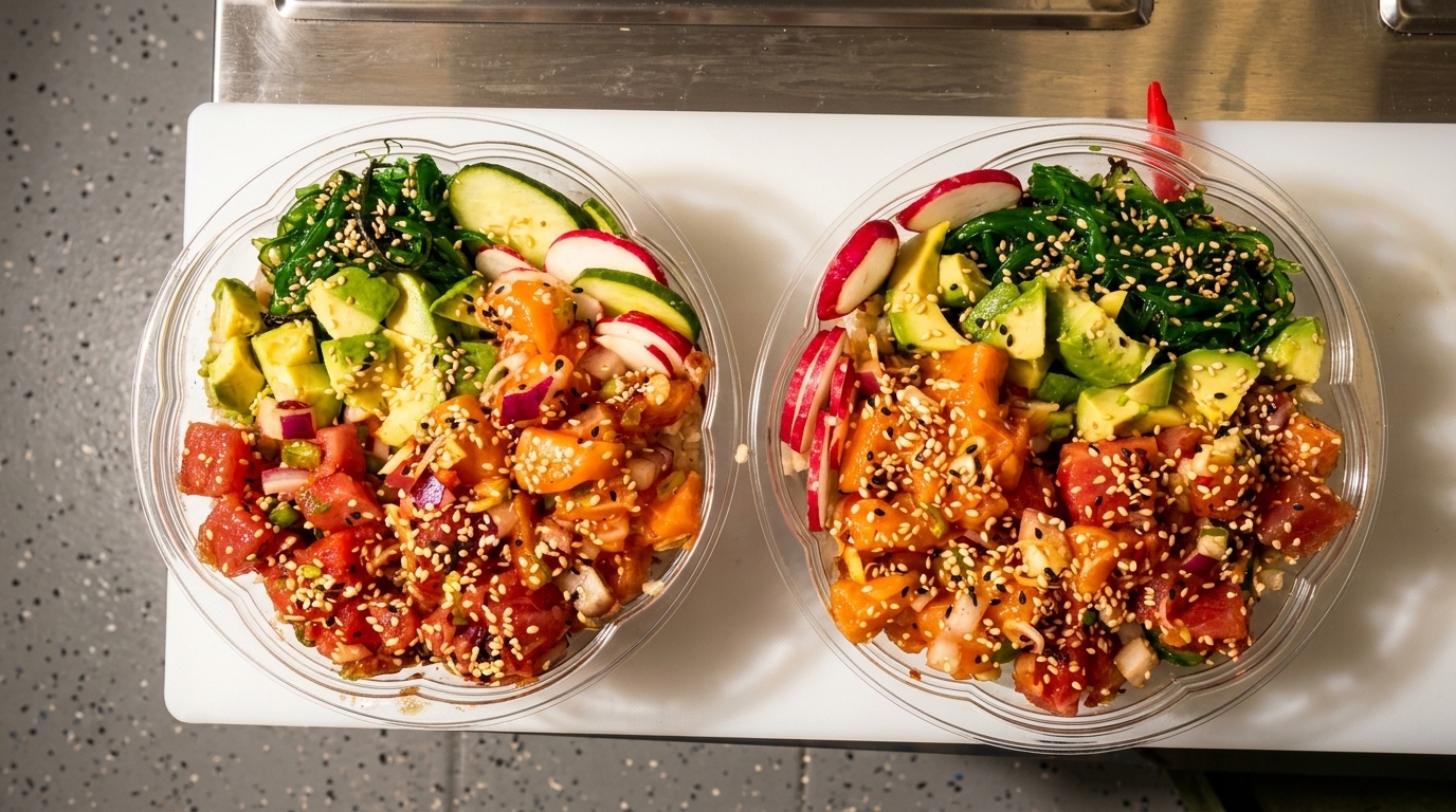 Two colorful poke bowls with tuna, salmon, avocado, seaweed, radishes, and sesame seeds.