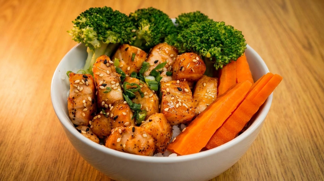A white bowl filled with salmon, broccoli, carrots, and rice, garnished with sesame seeds.